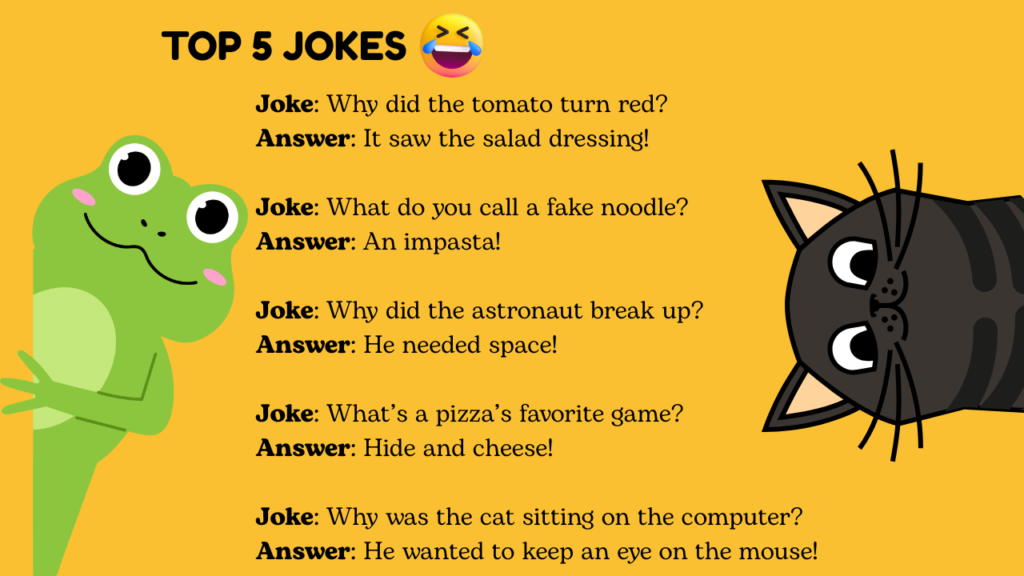 Image of 220+ cringe dad jokes with 5 funny dad puns about tomatoes, noodles, astronauts, pizza, and cats.